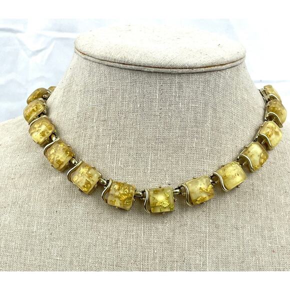 VTG Coro Confetti Necklace Thermoset Lucite with Gold Flecks 16" Signed MCM - Picture 1 of 16